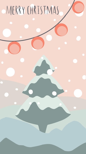 Vector kerstwenskaart schattig handgetekende stijl en trendy bijpassende pastelkleuren kerstboom en sneeuwpop met geschenkdoos op sneeuwjacht met slinger en sneeuwvlokken