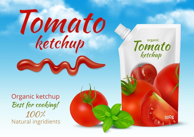 Ketchup-advertenties Containers voor vloeibare voedselingrediënten tomaat ontwerpetiketten fatsoenlijk vectorpakket voor sauzen Illustratie van container voor tomaat