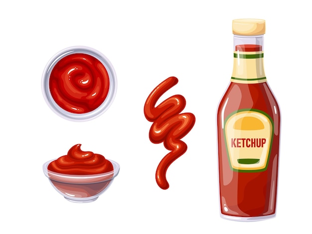 Vettore ketchup in bottiglia e ciotola, strisce e macchie versate su salsa. vista dall'alto di ciotola di ketchup.