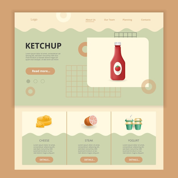 Vettore bistecca di formaggio del modello del sito web della pagina di destinazione piatta del ketchup