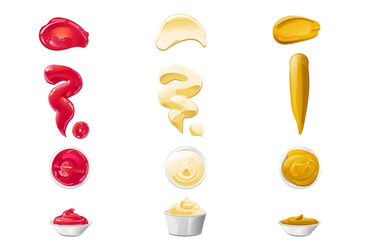 Vector ketchup mayonaise mosterd sauzen spatten instellen realistische afbeelding geïsoleerd op een witte achtergrond