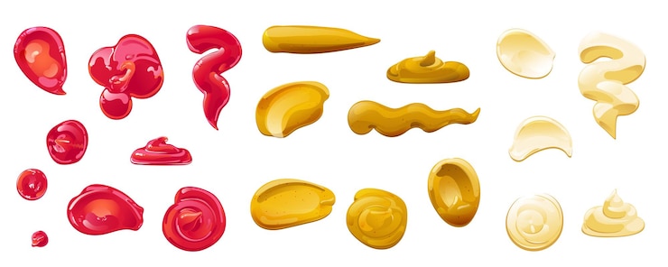 Vector ketchup, mayonaise, mosterd sauzen spatten set. realistische vectorillustratie geïsoleerd op een witte achtergrond.