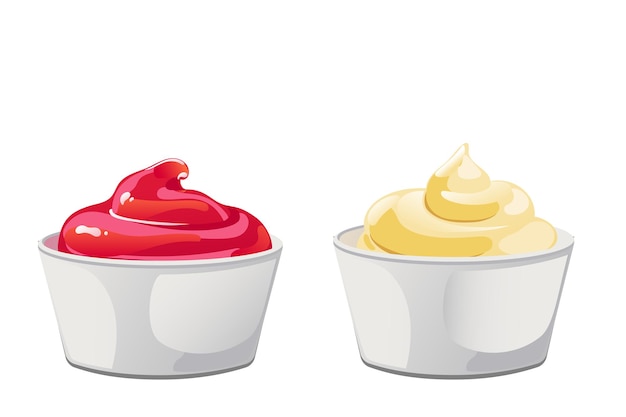 Vector ketchup and mayonnaise in bowl front view set. vector illustration in flat cartoon style.