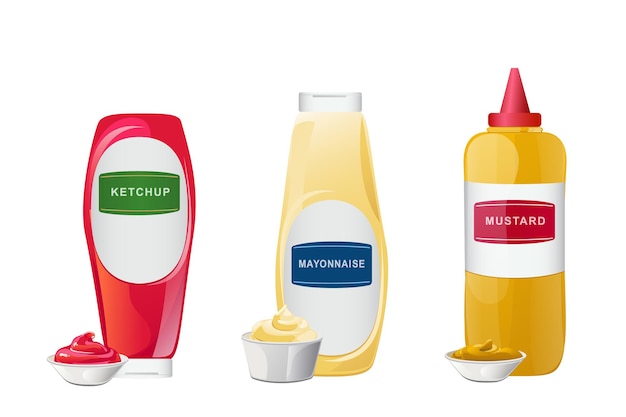 Ketchup, maionese, salse di senape in set di bottiglie. illustrazione realistica di vettore isolato su priorità bassa bianca.