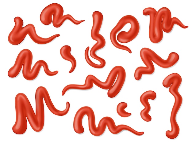 케첩 소스 얼룩 및 얼룩, 토마토 붉은 얼룩 및 얼룩. 음식 조미료와 향신료의 고립 된 3d 디자인. 현실적인 방울, 뿌려 놓은 것 및 신 야채 페이스트 및 케첩 세트의 얼룩