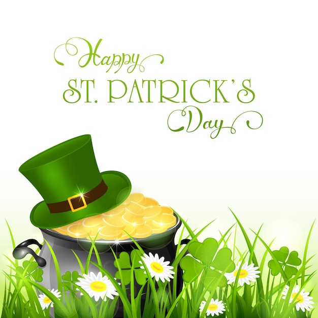 Ketel met groene hoed en goud van kabouter in gras en klaver op witte achtergrond vakantie belettering Happy St Patrick's Day illustratie