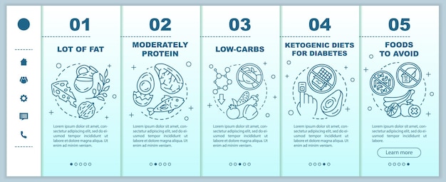 Keto 다이어트 온보딩 모바일 웹 페이지 템플릿입니다. 건강한 영양. 저탄수화물 및 많은 지방 섭취. 반응형 스마트폰 웹사이트 그라데이션 인터페이스. 웹페이지 연습 단계 화면. 색상 개념