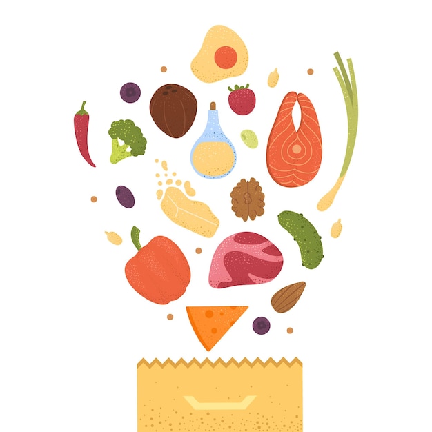 keto diet products set vector. ketogenic raw food icons with texture. fats, proteins and carbs healthy concept.