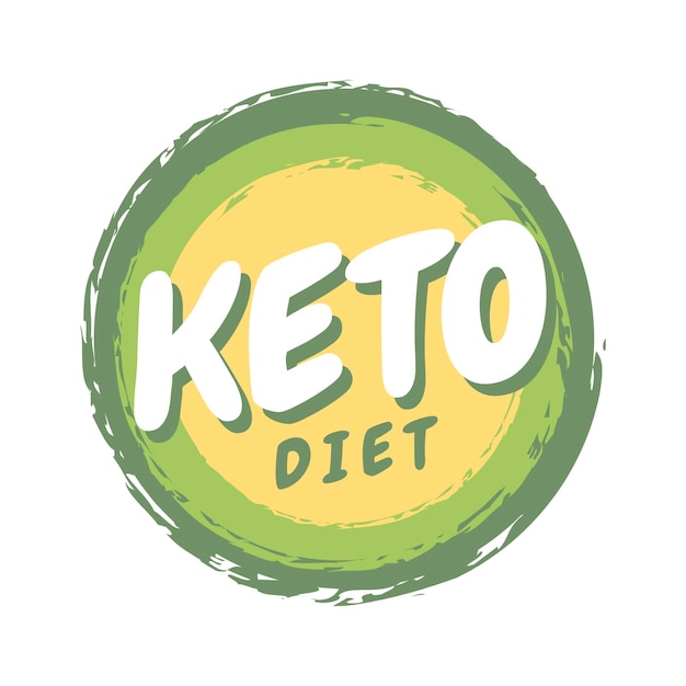 Keto diet round badge in grunge style. vector flat illustration. high fat and moderate protein diet icon. healthy eating. ketogenic diet logo or emblem in green and yellow colors avocado on white.