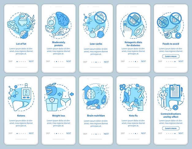 Modello di schermata della pagina dell'app mobile onboarding turchese dieta keto. alimentazione sana. alimentazione chetogenica, pasto. cibo a basso contenuto di carboidrati. procedura dettagliata del sito web con icone lineari. interfaccia per smartphone ux, ui, gui