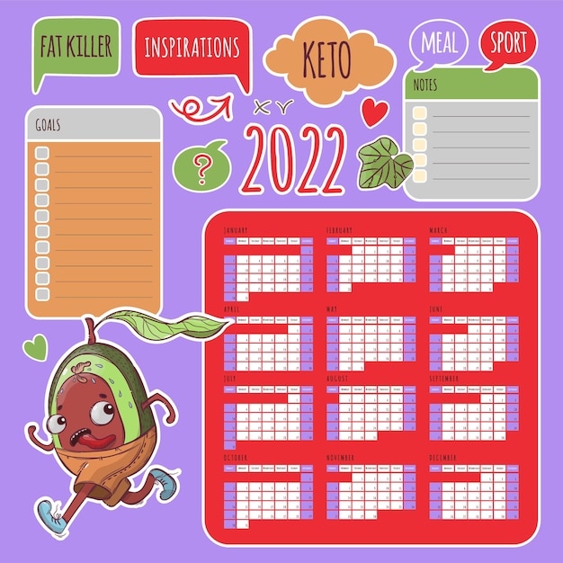 KETO STICKERSCALENDAR2022年印刷可能およびプロッターカッティングテンプレートビジネスオーガナイザースケジュール