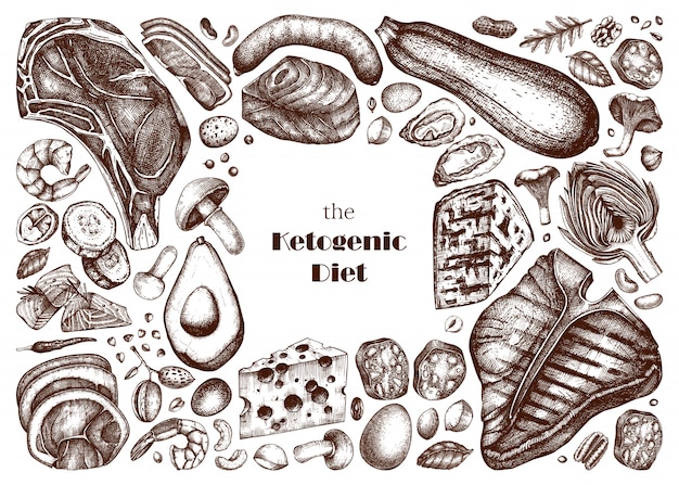 케톤 다이어트 삽화 세트. 손으로 그린 유기농 식품 및 유제품 스케치. 케토 다이어트 요소-고기, 야채, 곡물, 견과류, 버섯.