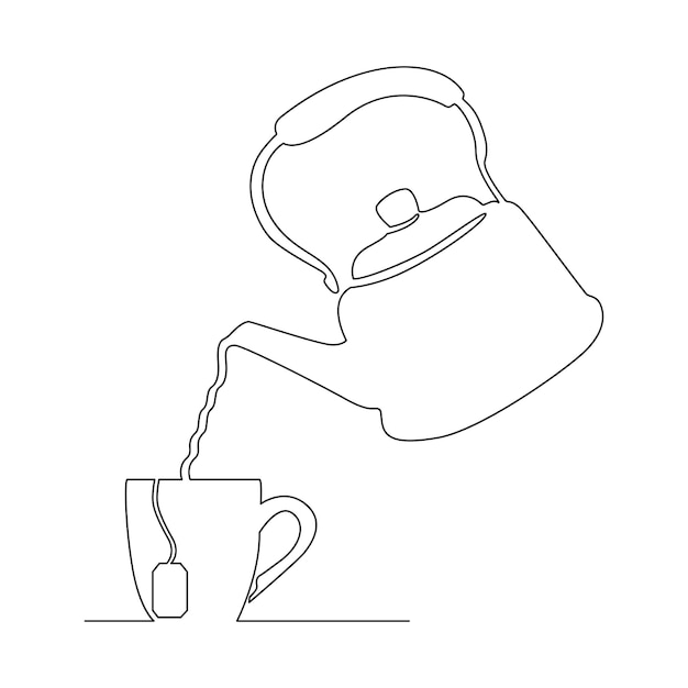 やかんとお茶の連続線でカップ白い背景で隔離のベクトル図