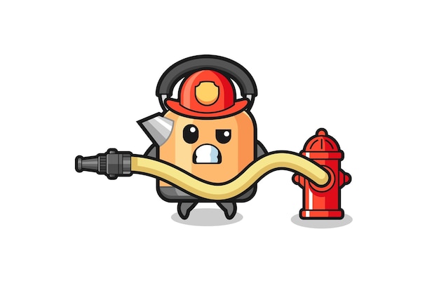 Kettle cartoon as firefighter mascot with water hose