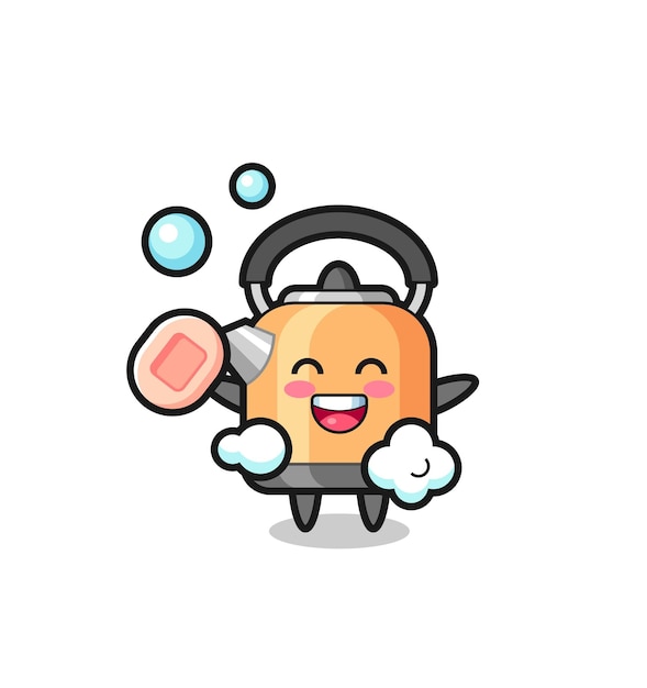 Kettle character is bathing while holding soap cute style design for t shirt sticker logo element