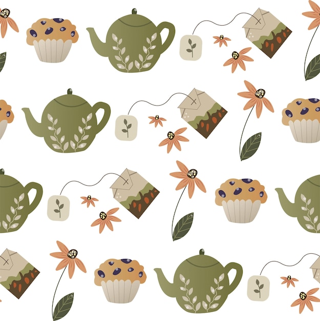 Vector kettle and cupcake, tea bag, flower