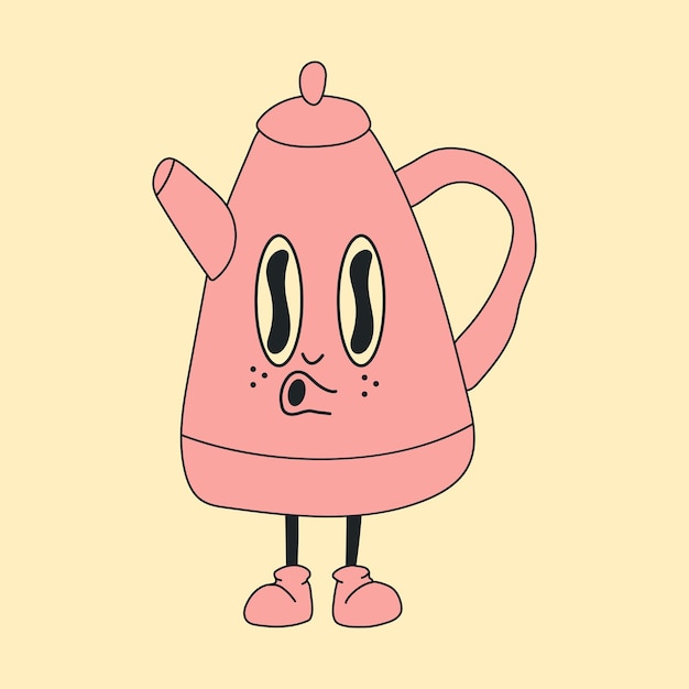 Kettle in retro cartoon style illustration, vintage character vector art collection