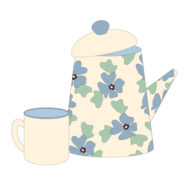 Kettle with cup. yellow with blue flowers. icon. linear. flat. cute illustration. vector texture.