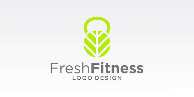 Vettore design con logo kettlebel e foglia su sfondo chiaro