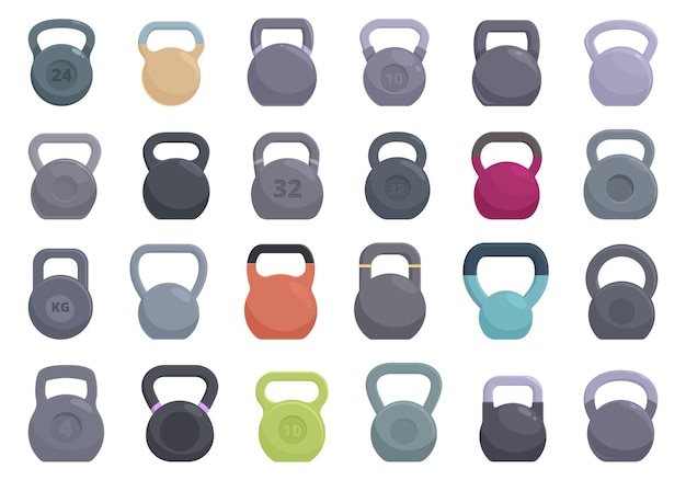 Kettlebell icons set cartoon vector Kilogram fitness Sport energy