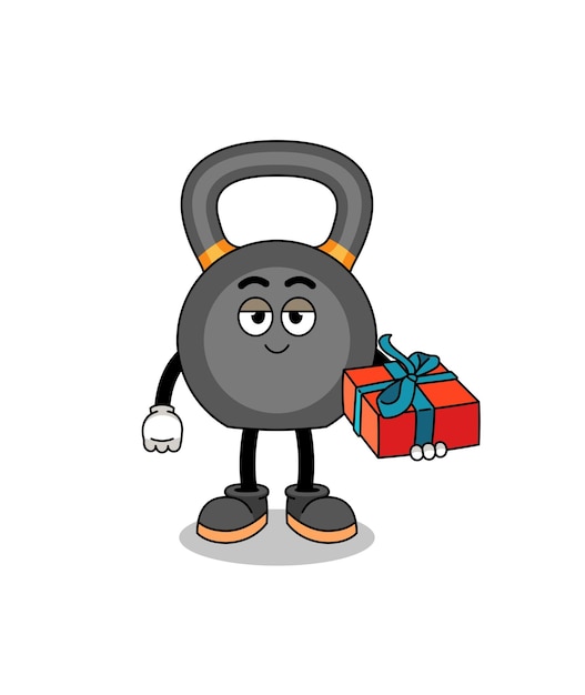 Vettore illustrazione della mascotte del kettlebell che fa un regalo