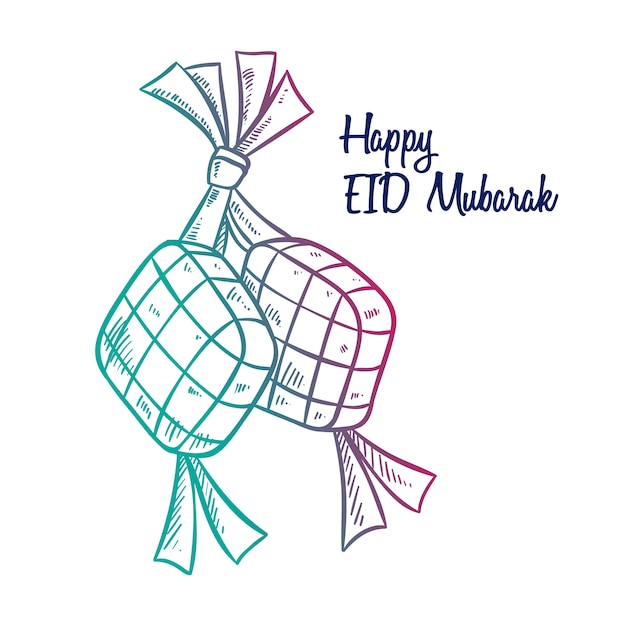 손으로 그린 스타일의 EID Mubarak 또는 Idul Fitri 용 Ketupat