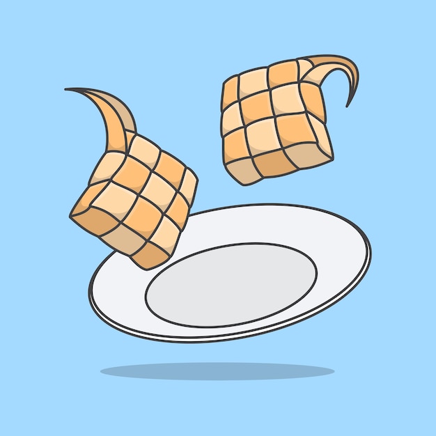 Ketupat on a plate cartoon vector illustration eid al fitr ketupat food flat icon outline