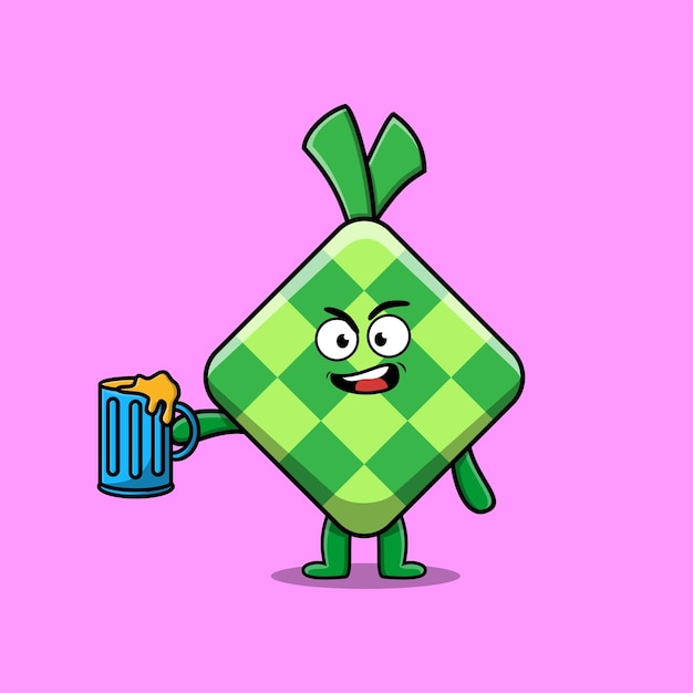 Ketupat stripfiguur mascotte met bierglas en schattig stijlvol design