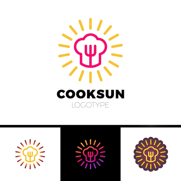 Keuken, café, restaurant - vector logo sjabloon concept illustratie. chef-kokshoed, vork en zon. zonnig voedselteken. ontwerp elementen.