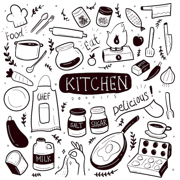 Keuken hand getrokken doodle collectie set