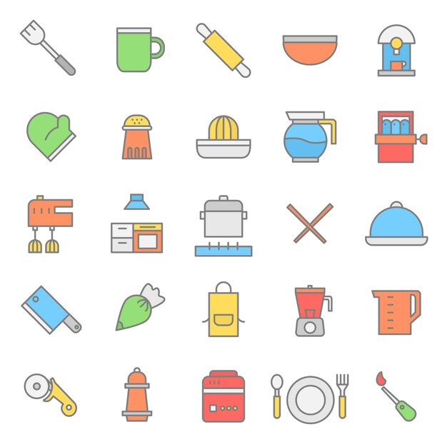 Vector keuken ingesteld egale kleur pictogram