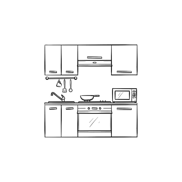 Keuken interieur hand getrokken schets doodle pictogram. meubels voor keuken interieur schets vectorillustratie voor print, web, mobiel en infographics geïsoleerd op een witte achtergrond.