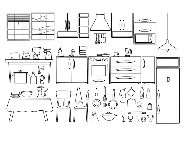 Keuken interieur schetsen hand tekenen vooraanzicht Contour vectorillustratie keukenmeubilair en uitrusting vectorillustratie