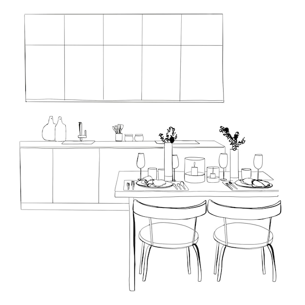 Vector keuken interieur tekening vectorillustratie