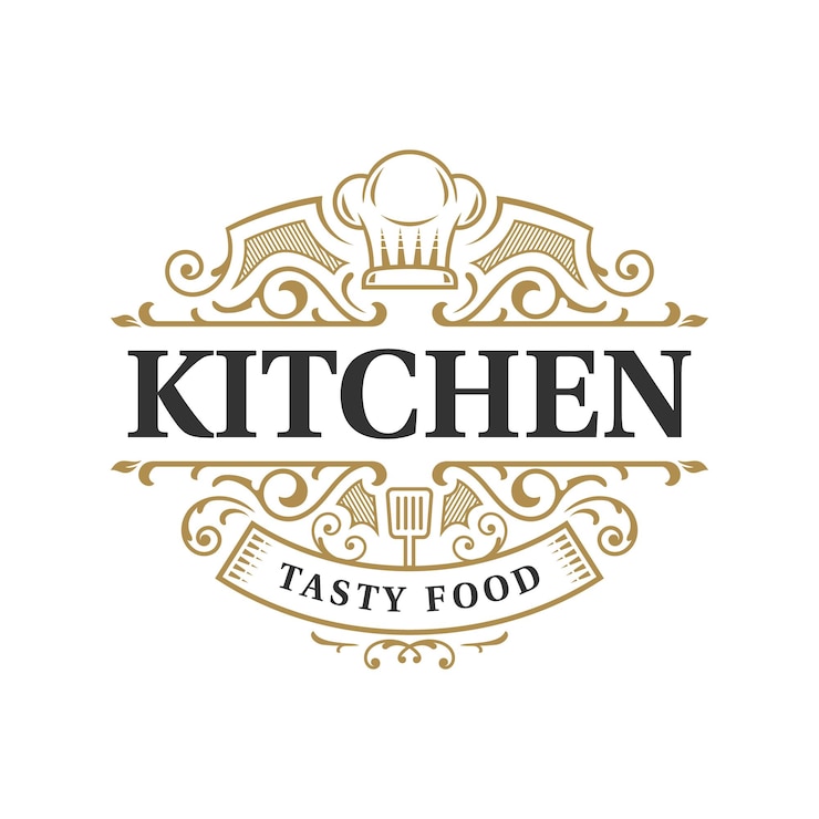 Keuken restaurant vintage sierlijke typografie logo ontwerp met chef-kok hoed symbool