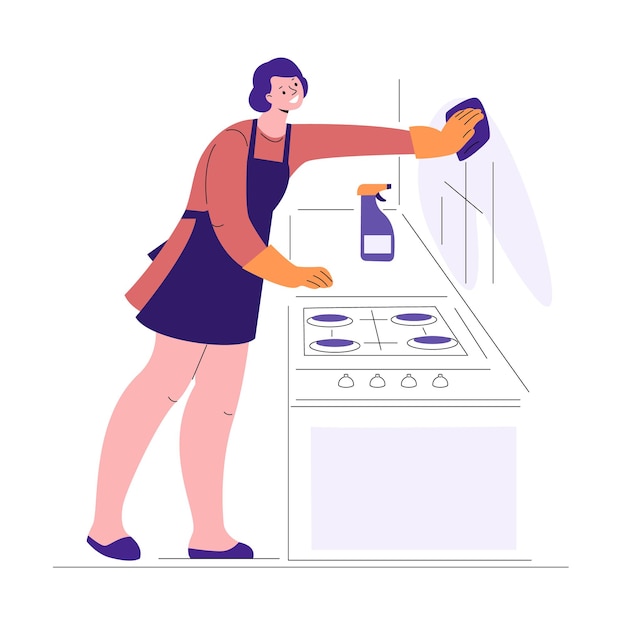 Vector keuken schoonmaken. jonge vrouw wast muur in de buurt van fornuis. vectorillustratie in vlakke stijl.