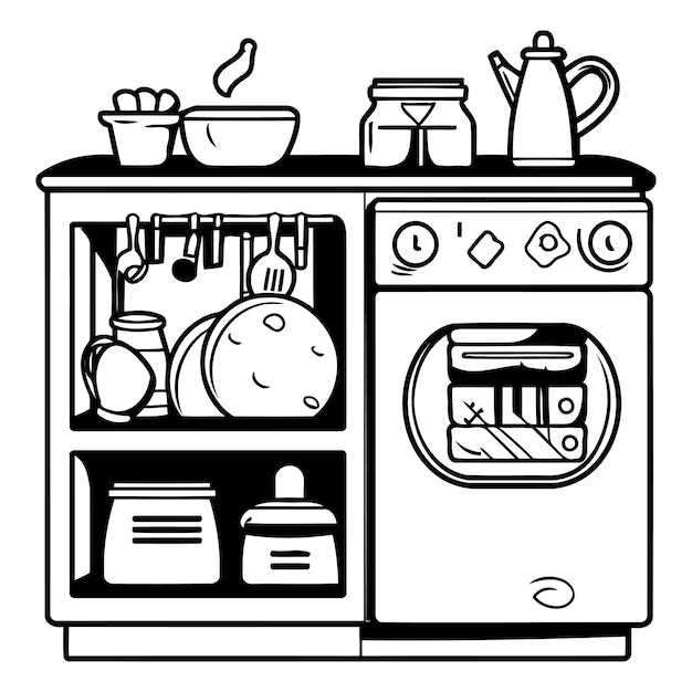 Keukenapparatuur en -gereedschap in de keuken Zwart-wit vectorillustratie