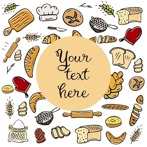 Keukengerei achtergrond Bakkerij achtergrond tekening met uw tekst hier Vector sjablonen voor bakkerijverpakkingen in trendy lijnstijl Broodhuis