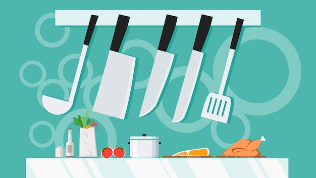 Vector keukengerei met messen set apparatuur opknoping. koken met shelve banner achtergrond concept