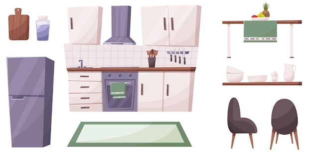 Keukenkamer meubels cartoon vector interieur illustratie koelkast tafel en moderne kookapparatuur