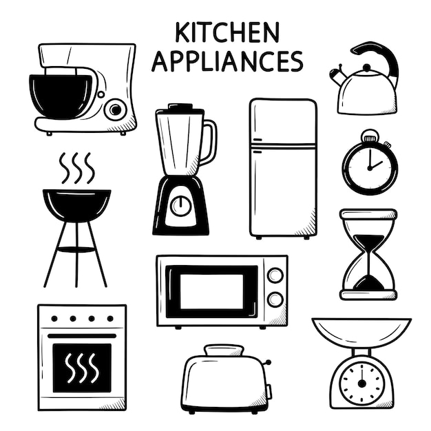 Keukentoestellen in krabbelstijl op een witte schets als achtergrond