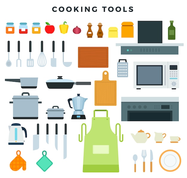 Vector keukentoestellen, werktuigen en aardewerk, reeks pictogrammen. kookgerei en specerijen.