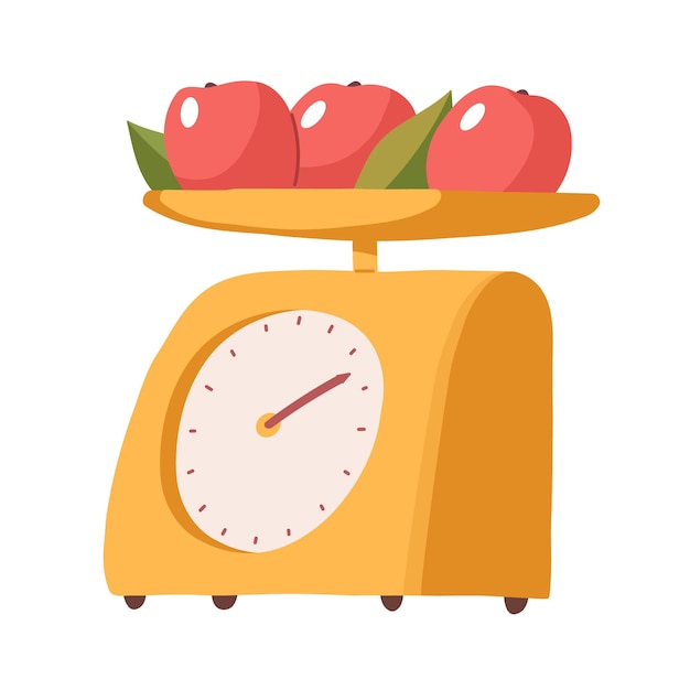Keukenweegschaal is geel rode rijpe appels vectorillustratie in een platte cartoonstijl