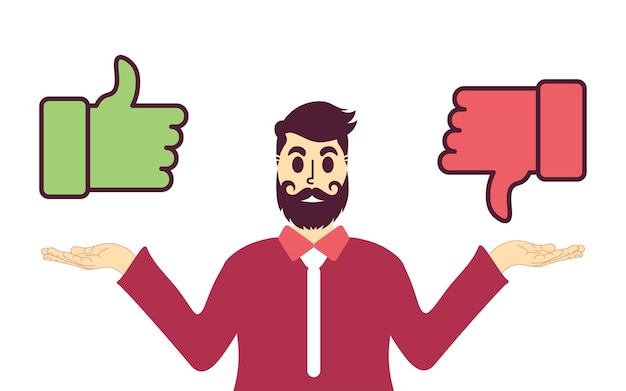 Keuze concept. Man kiest op de handpalmen leuk of niet leuk. Ja of nee. platte vectorillustratie