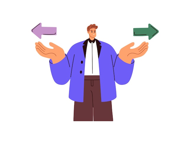 Keuze en twijfel concept Zakenmens met dilemma besluitvormingsprobleem kiezen tussen twee opties tegenover elkaar levensrichtingen Platte vector illustratie geïsoleerd op witte achtergrond