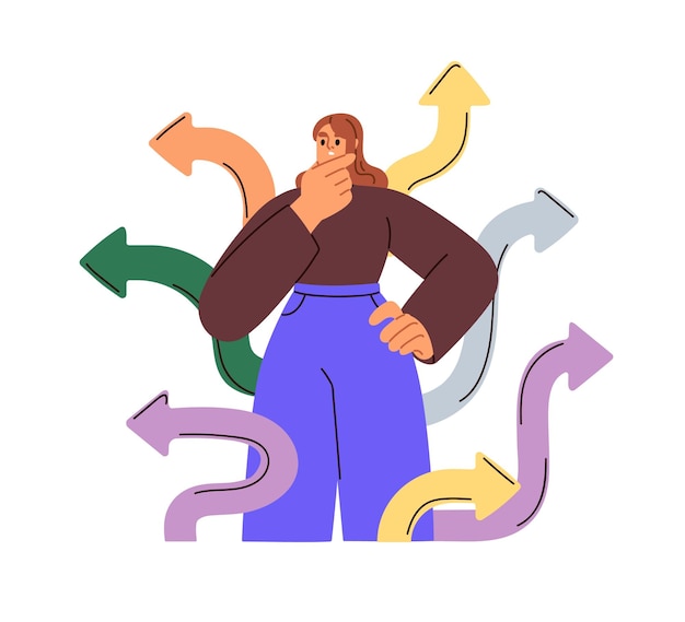 Keuzeconcept Persoon die twijfelt bij het kiezen van pad pad besluitvormingsoplossingen Verward vrouw verloren in vele mogelijkheden pijlrichtingen Platte vector illustratie geïsoleerd op witte achtergrond