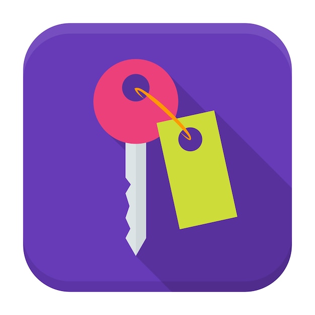 Key app icon with long shadow. Flat stylized square app icon with long shadow