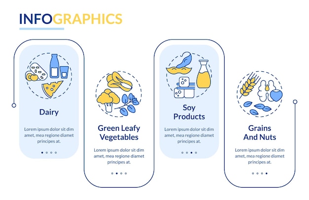 Vector key bone health nutrients rectangle infographic template grains and nuts data visualization with 4 steps process timeline info chart workflow layout with line icons latobold regular fonts used