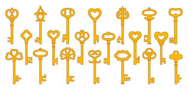 Key golden cartoon icon set safety security protection vintage antique design retro modern symbol