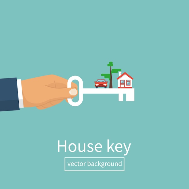 Key home in hand man. Vector illustration flat design. Template for sale, rent home, advertising. Key new life, silhouette. Sign in house.